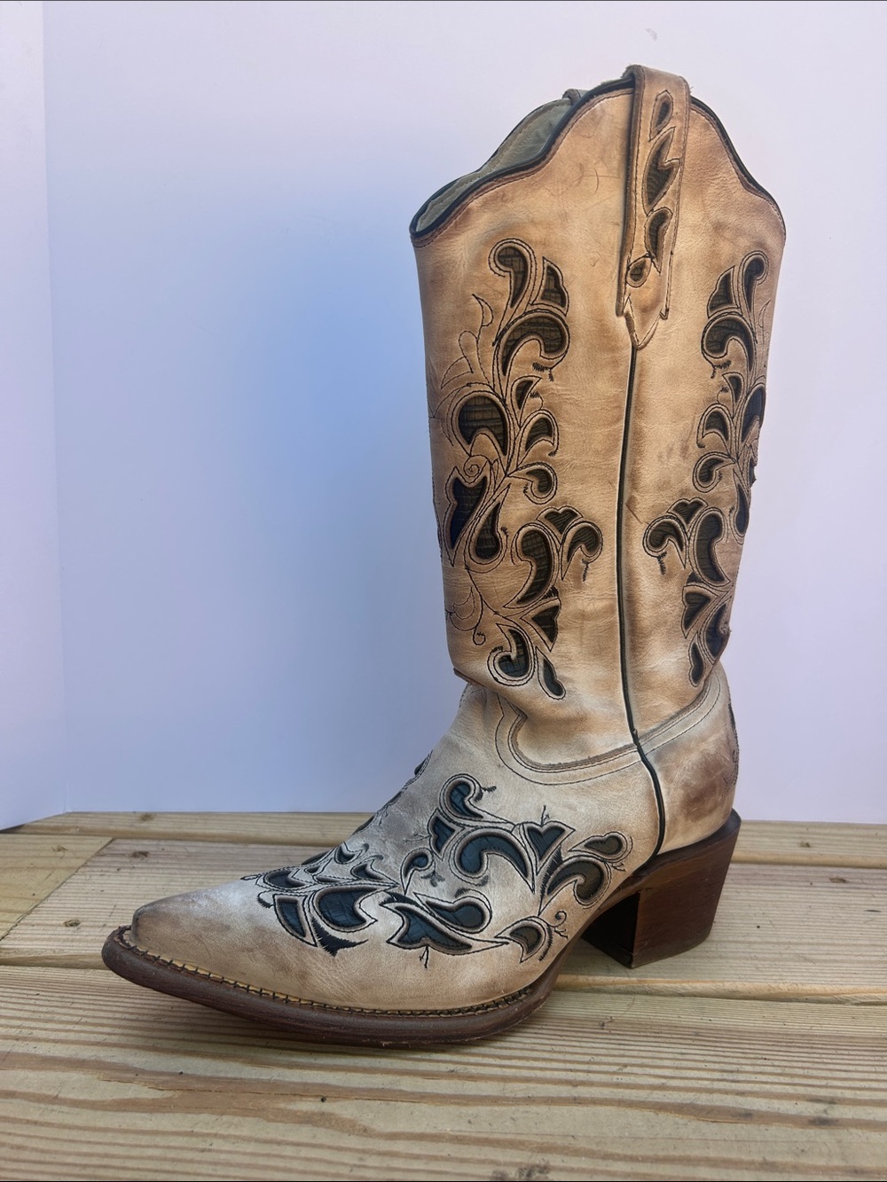 JB Dillon Western Cowboy Boots Women’s 8B Inlay Design Pointes Toe